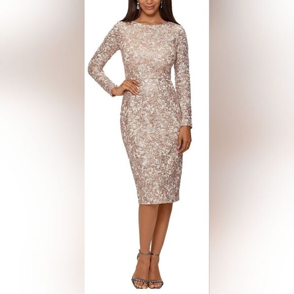 Xscape Sequined and Lace Midi Cocktail Dress NWT size 14P champagne/white  Dresses